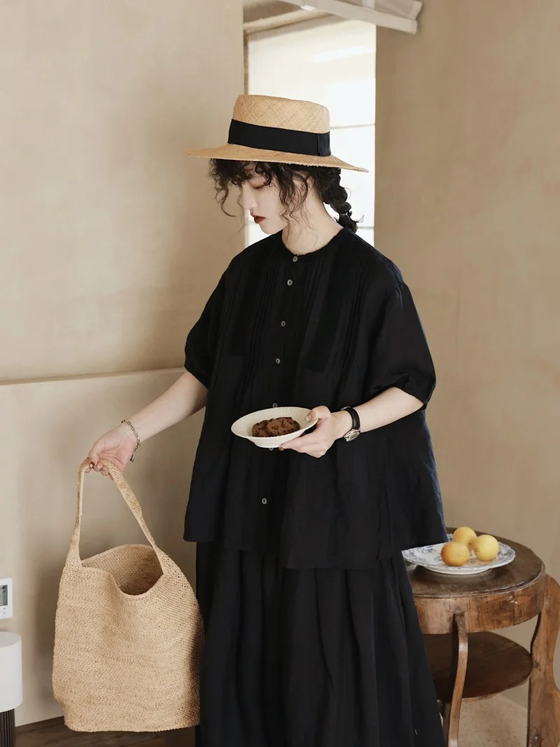 

Retro Pleated Doll Shirt Women's Sweet Cute Blouse Floral Lace Trim Country Style Loose Fit Short Sleeve round Neck Shirt