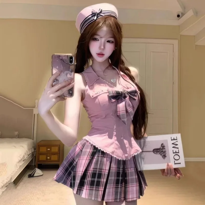 

Elegant Sweet Bow Lapel Neck Sleeveless Vest for Women+ Y2k High Waist Pink Plaid Skirts 2025 Summer New Two Piece Sets