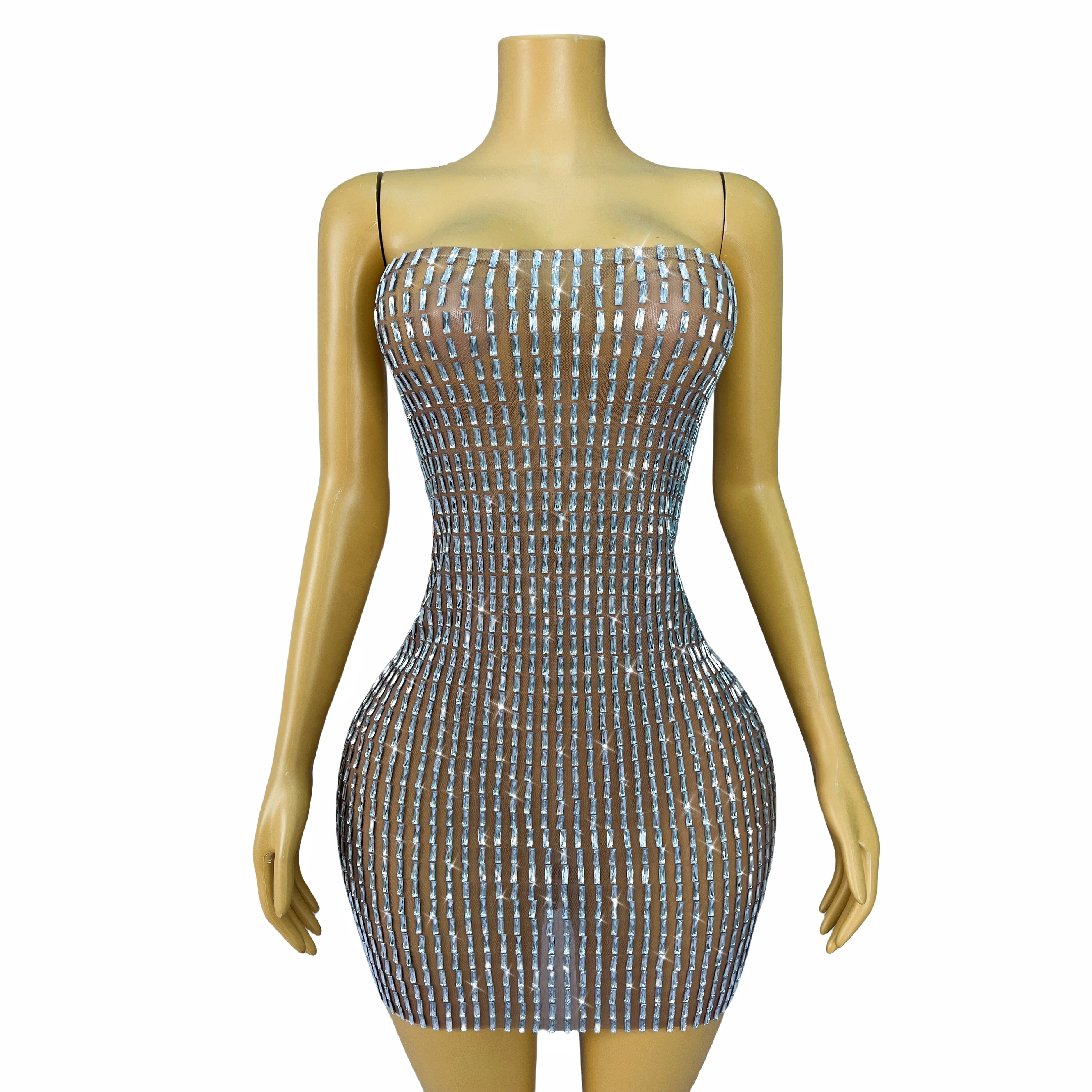 Flashing Rhinestones Luxurious Tube Dress Sexy Transparent Outfit Dance Stage Full Stones Nightclub Handmade Costume changtiao