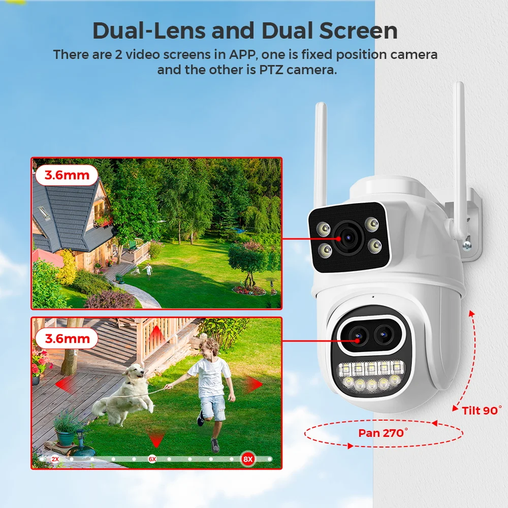 12MP 6K Three lens 8X Digital Zoom Wifi Surveillance Camera Outdoor 6MP AI Auto Tracking Humanoid Detection PTZ Security Camera