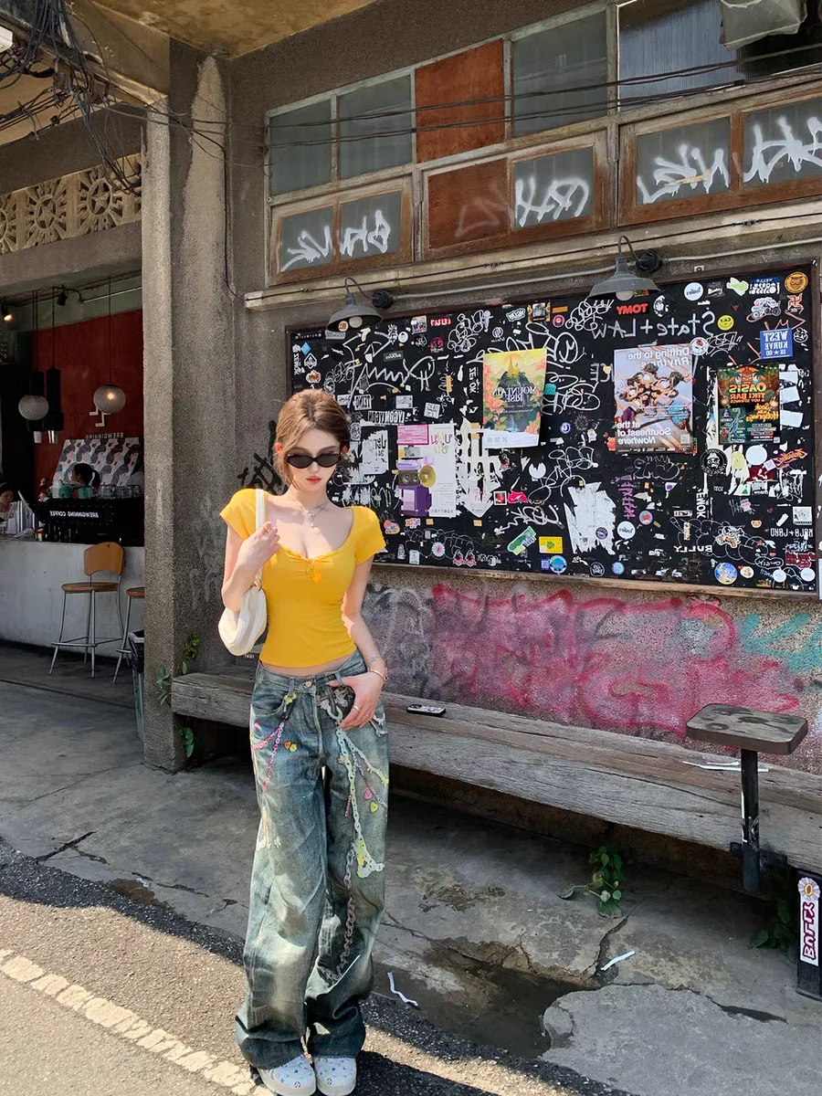 

American Retro Blue 3D Print Chain Denim Long Pants Women's High Waist Slim Wide Leg Straight Cut Spring Summer Trendy