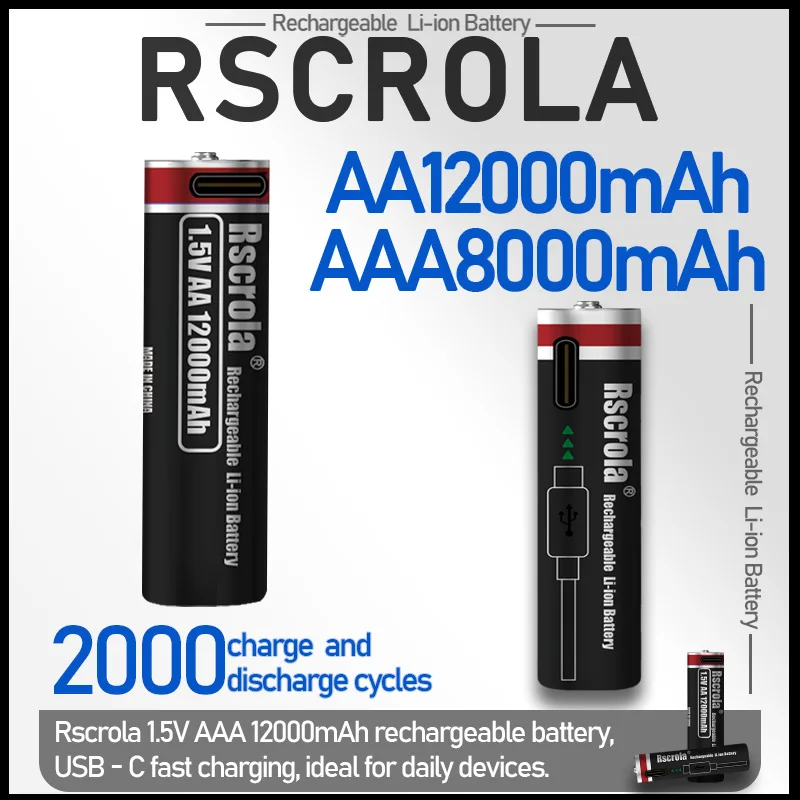 

AAA 8000mAh +AA 12000mAh Combined Lithium Battery: USB Type-C fast charging, ideal for daily devices.