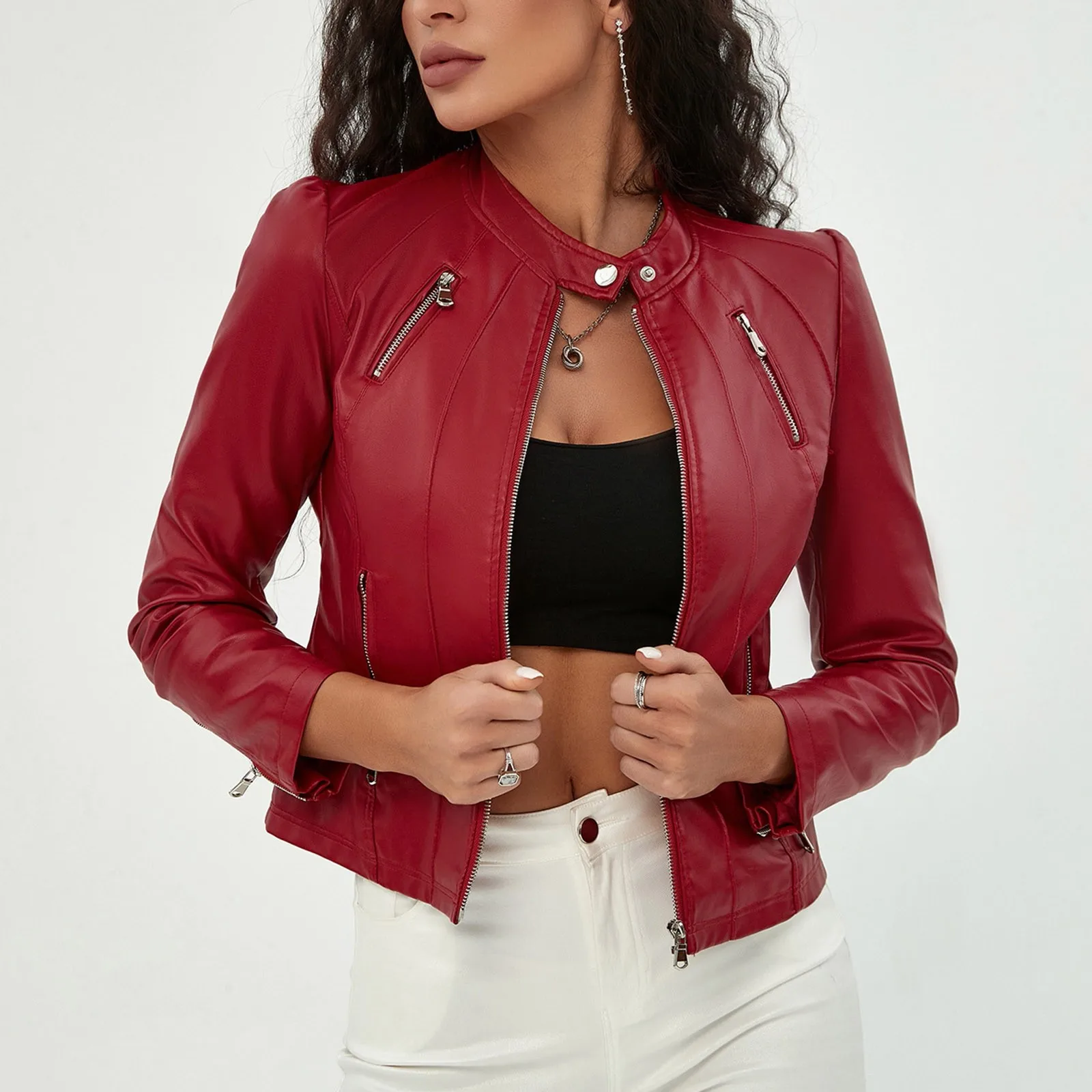 Leather Jacket Women 2023 Autumn Spring Red Black Biker Jacket Ladies Commute Bomber Jackets Women\'s Short Slim PU Leather Coat