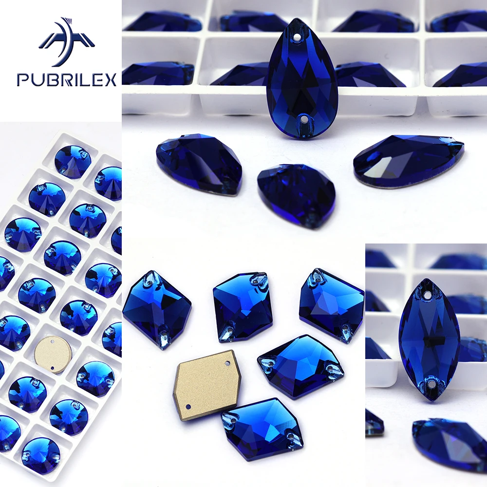 PUBRILEX Sapphire Mix Shapes Luxury Diamond Art Crafts Flatback Strass Blue Rhinestones Sew On Crystal Stones For Clothing