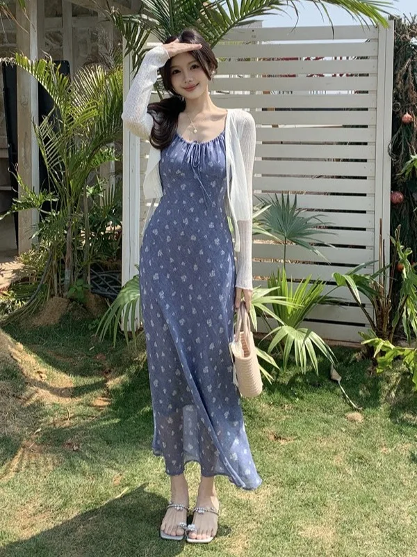 

plus Size Fashionable Floral Print Maxi Dress And Long Sleeve Open Cardigan Set Spring Summer Design Sense Belted Strapless Gown