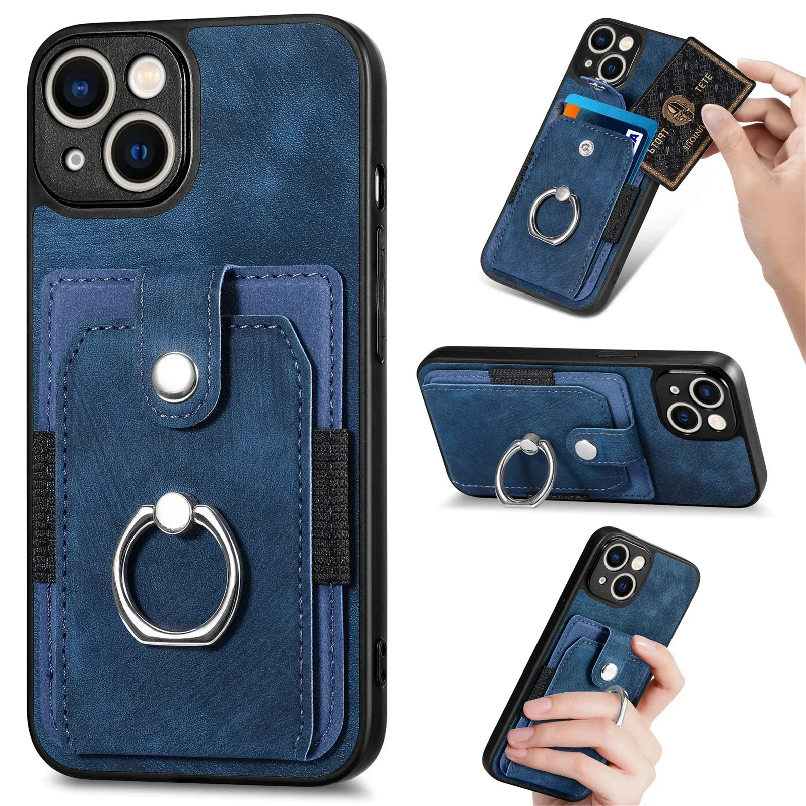 Leather Wallet Card Slot Phone Case for IPhone 15 14 13 12 11 Pro XR X XS Max 8 7 Plus Magnetic Finger Ring Holder Cover Casing