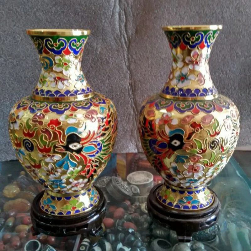 7.88 inch/Collect Chinese cloisonne carving a pair of dragons and phoenixes vase