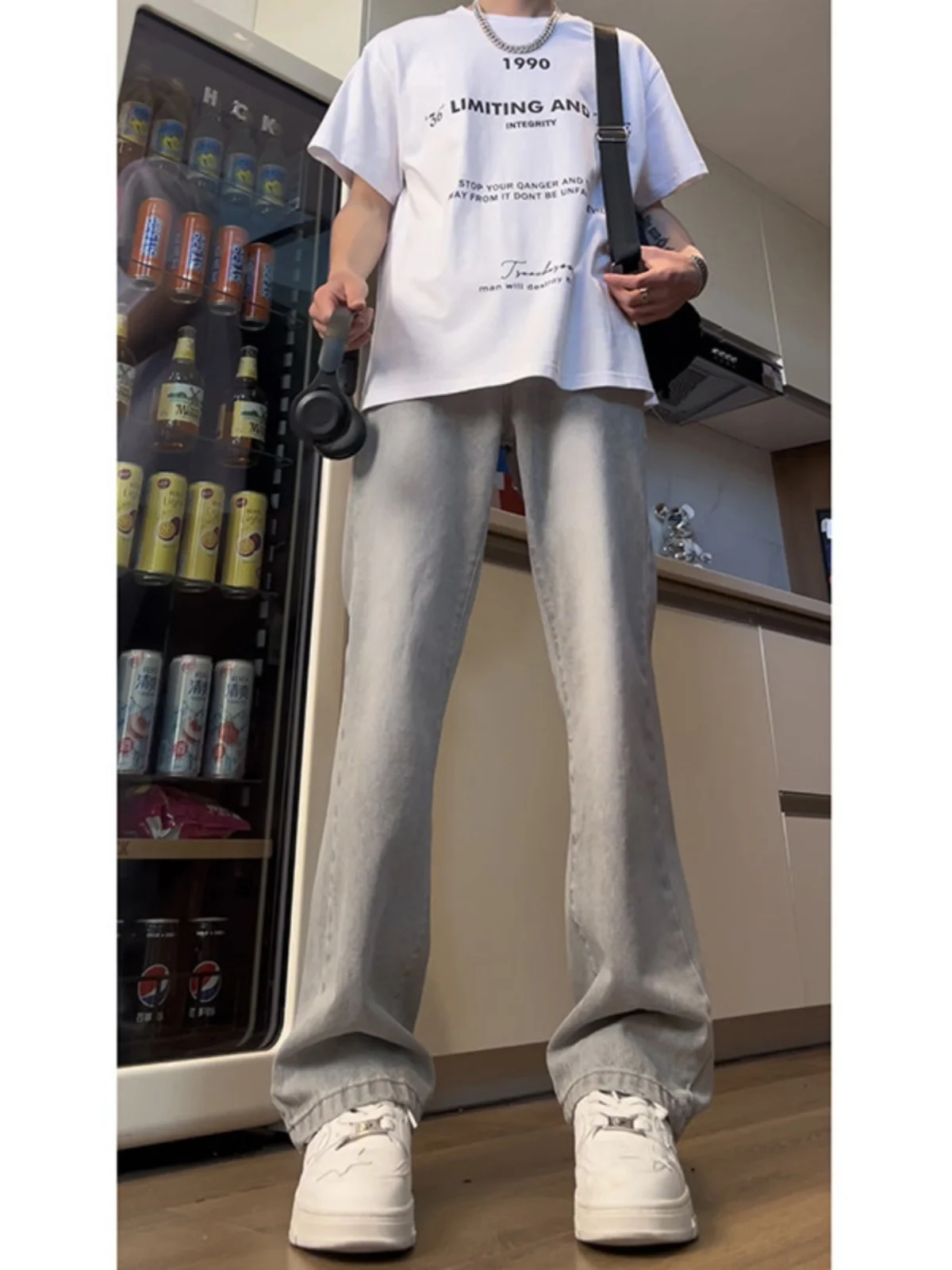 

Cement Color Men's Straight Leg Jeans High Waist Slimming American Sle Summer High Street Wide Leg Pants Youth Trend