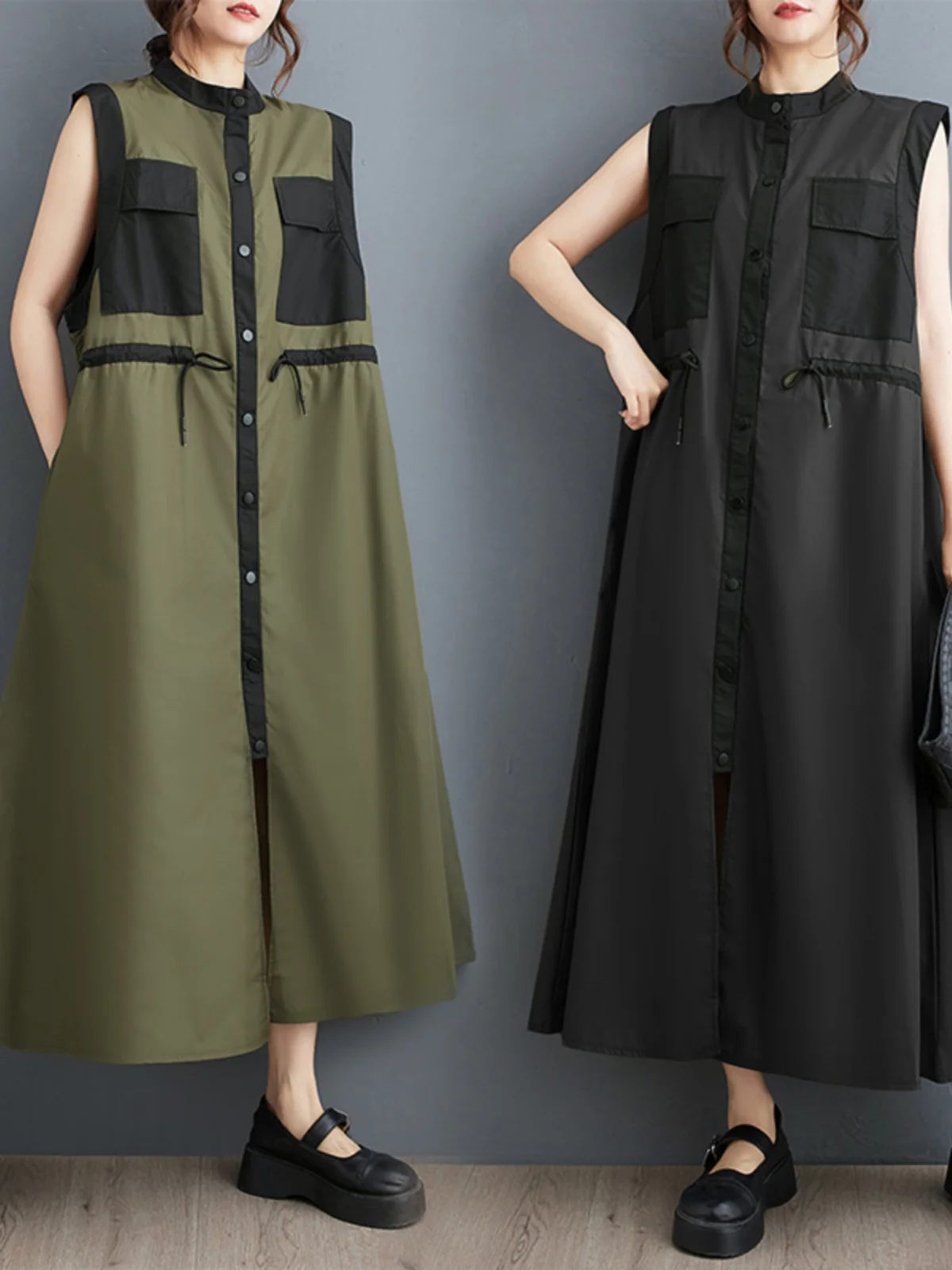 Vestido csa de verão, novo estilo, soltinho, casual, sem mangas, com patchwork na cintura, emaecedor, estilo coreano ret...