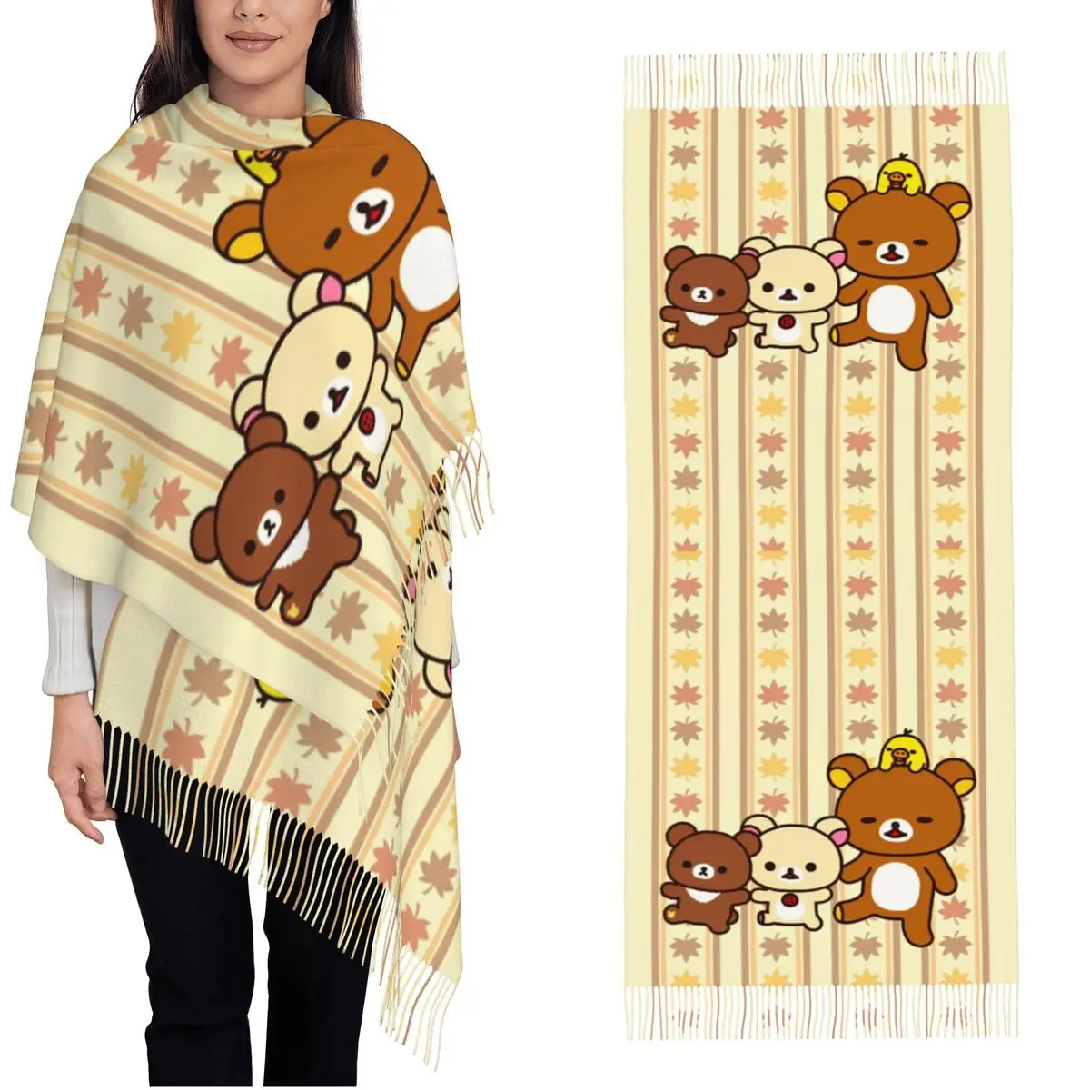 

Kawaii шарф Rilakkumas для женщин, зимние теплые кашемировые шали и накидка, длинные большие шарфы с рисунком из мультфильма с кисточкой для вечернего платья