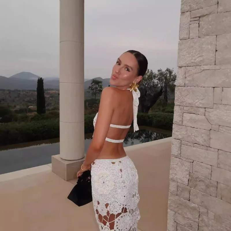 Elegant Women Halter Hollow Out Bodycon Dress Sexy Off Shoulder Sleeveless Slim Vacation Holiday Beach Boho Party Dress