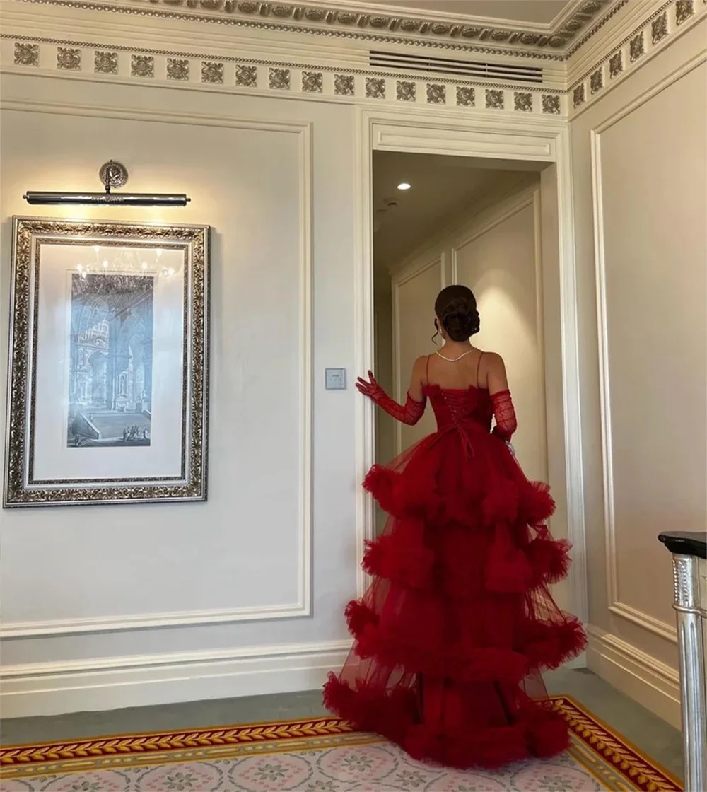 Annie Gorgeous Lady Prom Dresses Handmade Tulle Multi-layer Evening Dress فساتين سهره فاخره Red Luxury Party Dress Customized