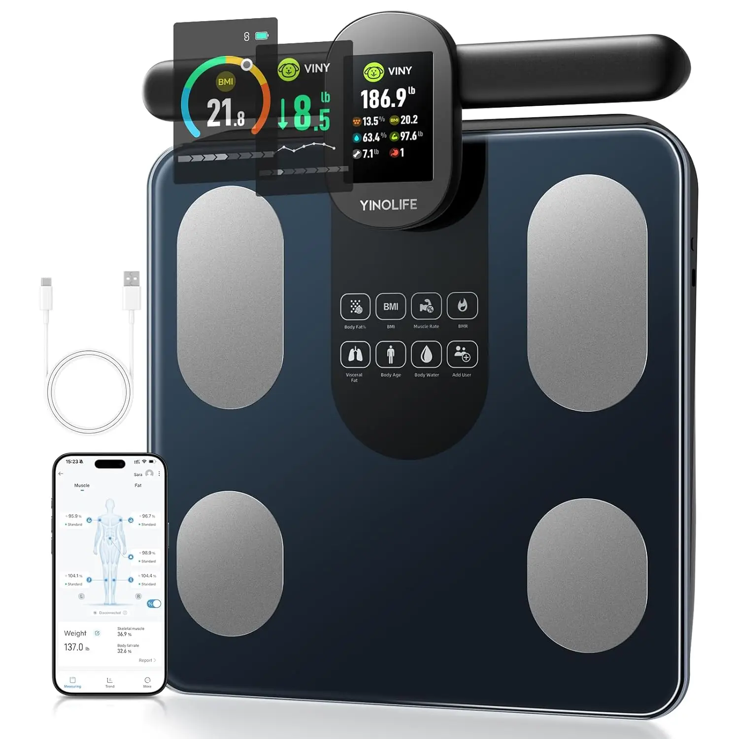 

Smart Bathroom Scale with 8 Electrodes, Full Body Composition Analysis, BMI Fat Muscle Mass, Rechargeable Digital Weight Scale