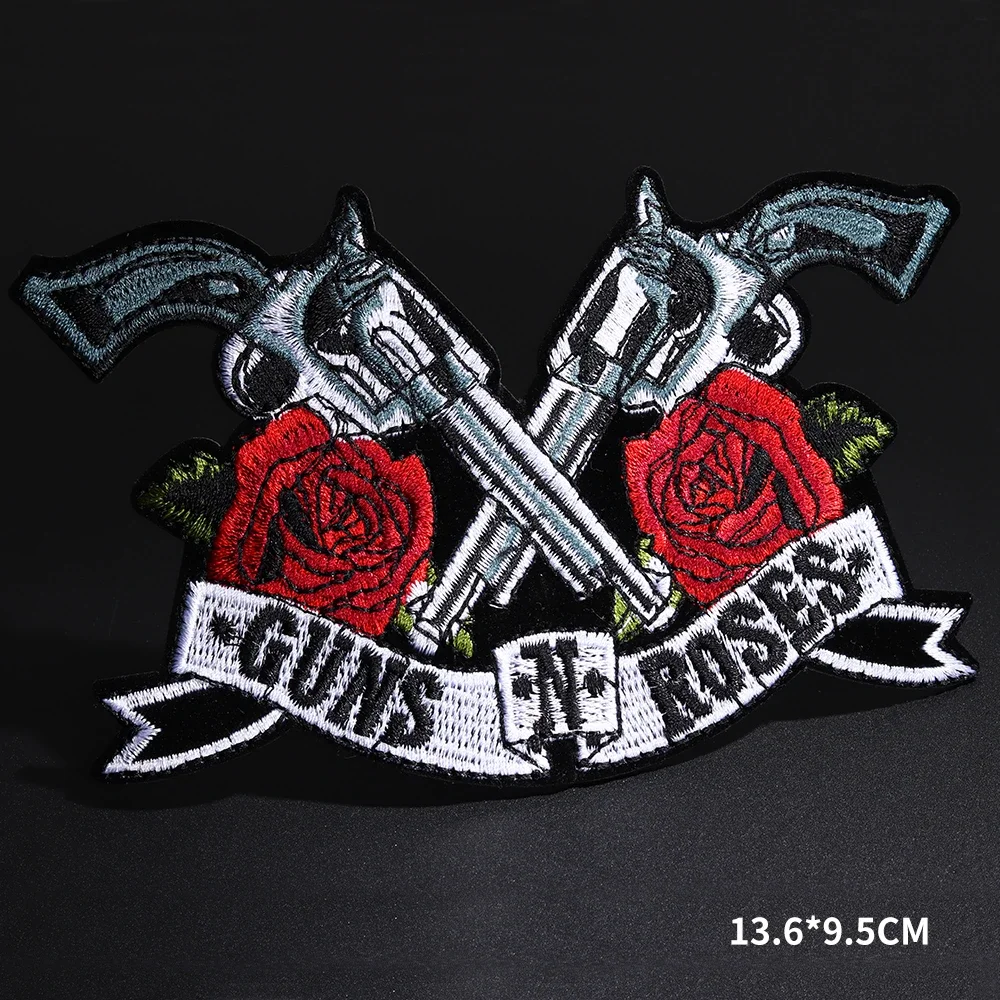 Large Double Gun Rose Flower Band Patches Embroidery Punk skull Armband Badge Iron On Patch Motorcycle Rider Clothing Decoration