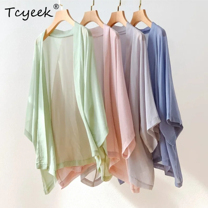 Tcyeek 100% Real Mulberry Silk Woman Tops 2026 Summer Chinese-style Batwing Sleeve Sun Protection Shawl Woman Clothes Ropa Mujer