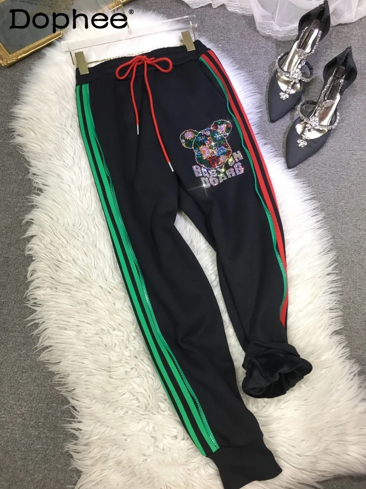 

Cartoon Rhinestone Fleece Thick Sweat Pants Women 2023 Autumn Winter High Waist Show Thin Black Leisure Tappered SportsPants