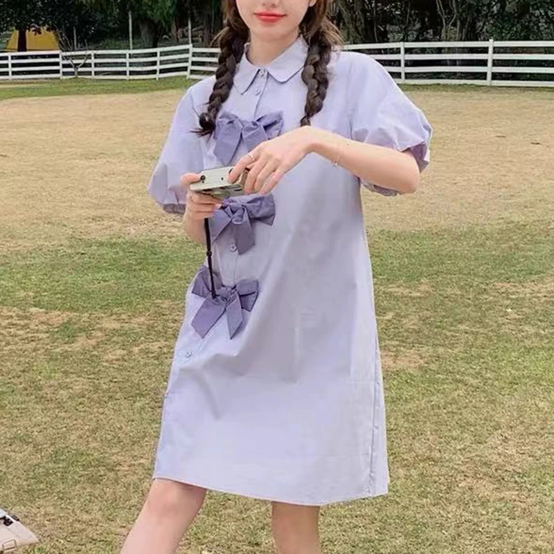 대조적인 나비넥타이 셔츠 드레스 여성 의류 빈티지 드레스 루즈핏 여름 웨딩 드레스 여성용