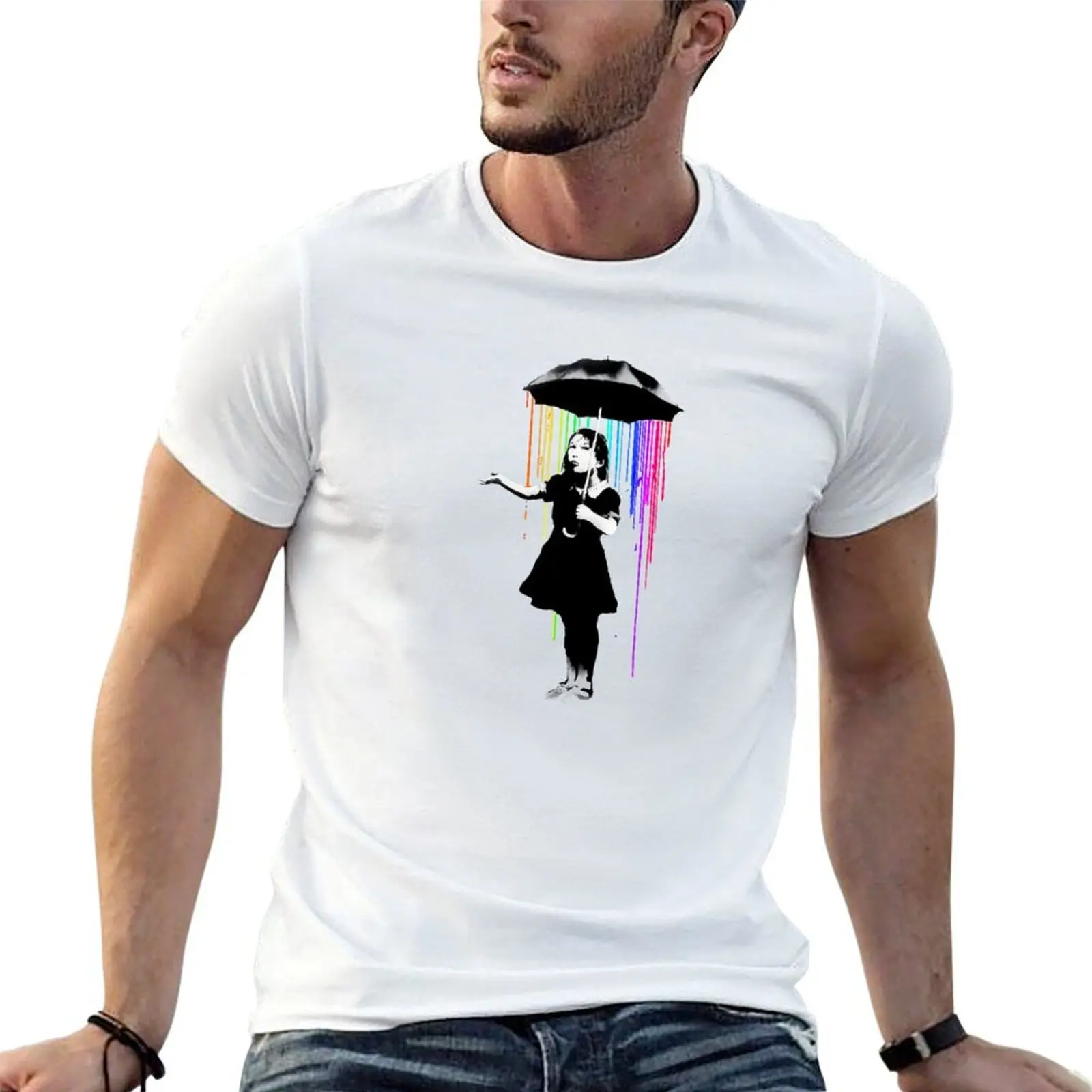 BANKSY Girl Rainbow Rain Umbrella T-Shirt Urban Casual Loose Fit Tee