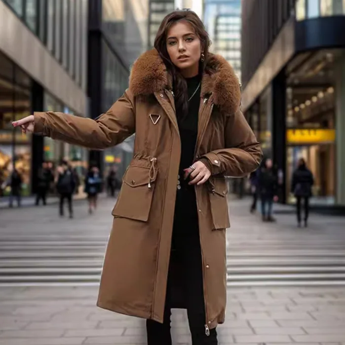 YJKDYK-Parka larga y cálida para mujer, Chaqueta de algodón de Color puro con 2 bolsillos, Cuello de piel, invierno, 2024