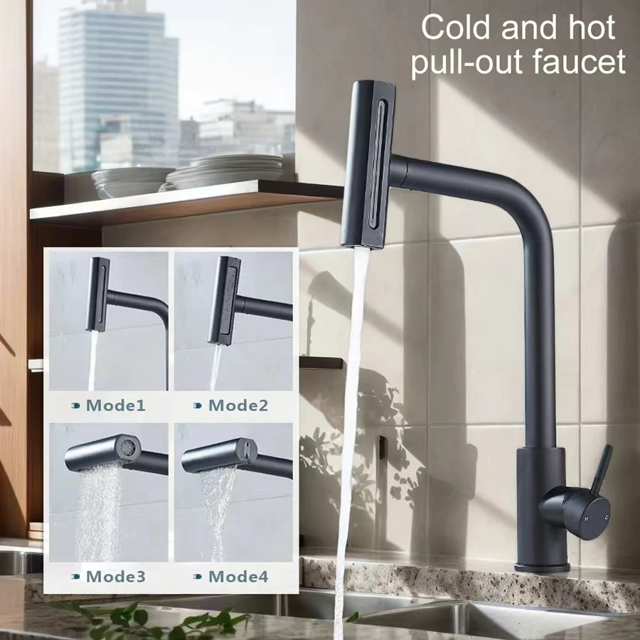 1 Set of Black Pull-Out Faucet with Four Water Modes: Bubbler/Waterfall/Rainfall/Power Wash, Suitable for Rvs and Home Kitchen Hot and Cold Water Faucets, Balcony No-Dead-Angle Cleaning, Extendable Sink Faucet