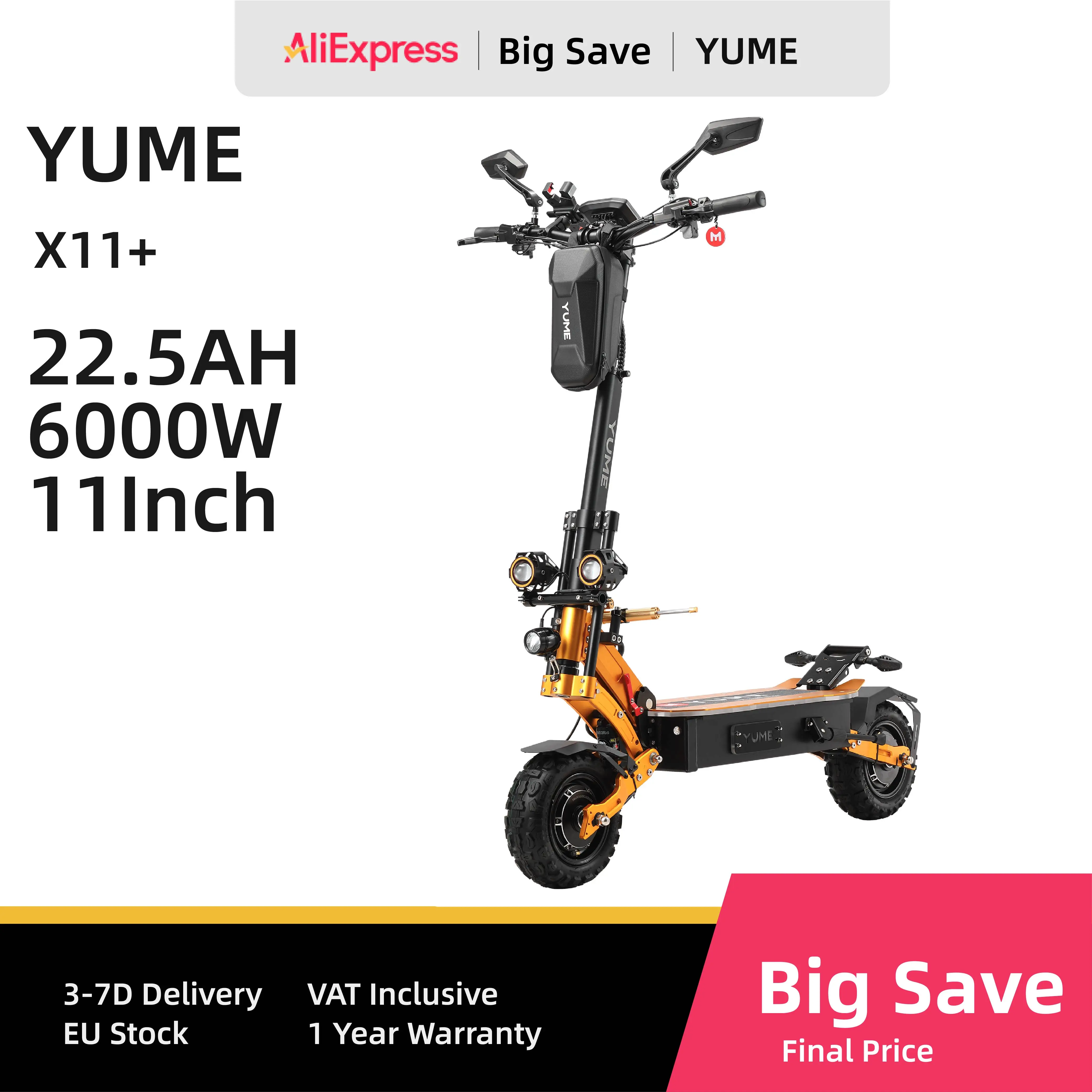 EU YUME X11+ Electric Scooter 6000W 60V 27Ah Battery Dual Motors 11inch Tires 90KM Max Mileage 150KG Max Speed 95km/h E-Scooter