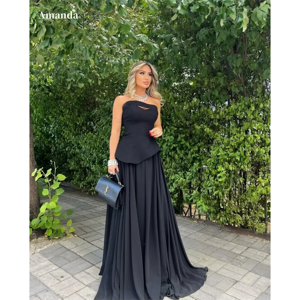 

Amanda Customized Black Strapless Two-Piece Prom Dresses Sleeveless A-Line Elegant vestidos de noche Floor-Length Formal Evening