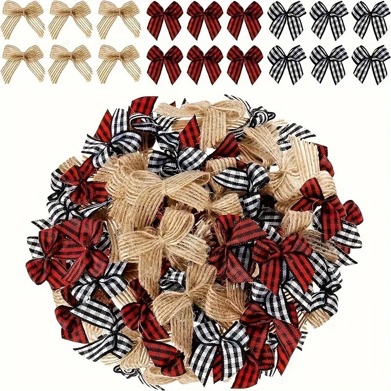 10/20/50Pcs Christmas Mini Plaid Ribbon Bows Natural Burlap Bow Checkered Gingham for Christmas Tree DIY Crafts Home Decortions