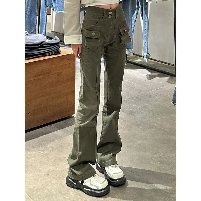 Harajuku Pocket Casual Denim Pants Women High Street Workwear Jeans Female Fashion Army Green High Waist Slim Cargo Jeans