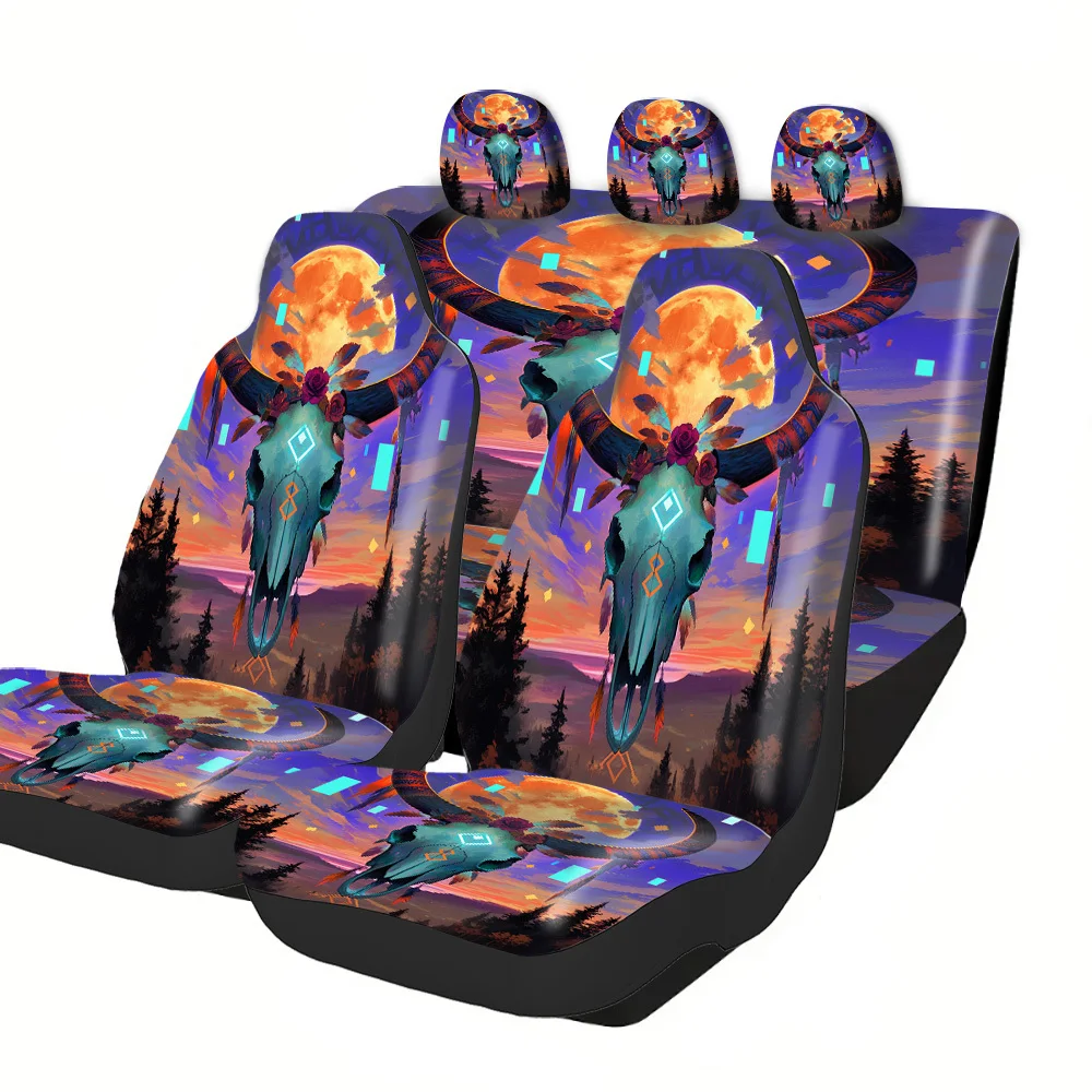 2-5 Seat Set Car Seat Covers Bull Head Moon Print For Truck SUV Off-road Car Perfect Holiday Halloween Christmas New Year Easte