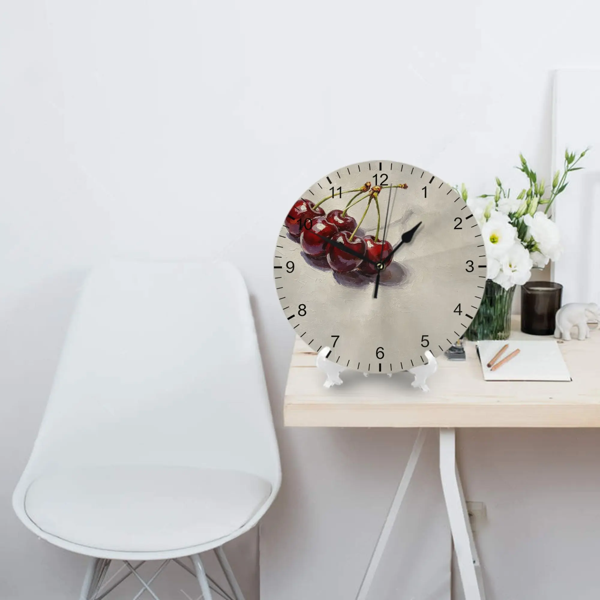 Vintage Cherry Still Life Wall Clock Red Fruit Oil‑Painting Art Print Silent Non‑Ticking Wall Watch Kitchen Dining‑Room Indoor