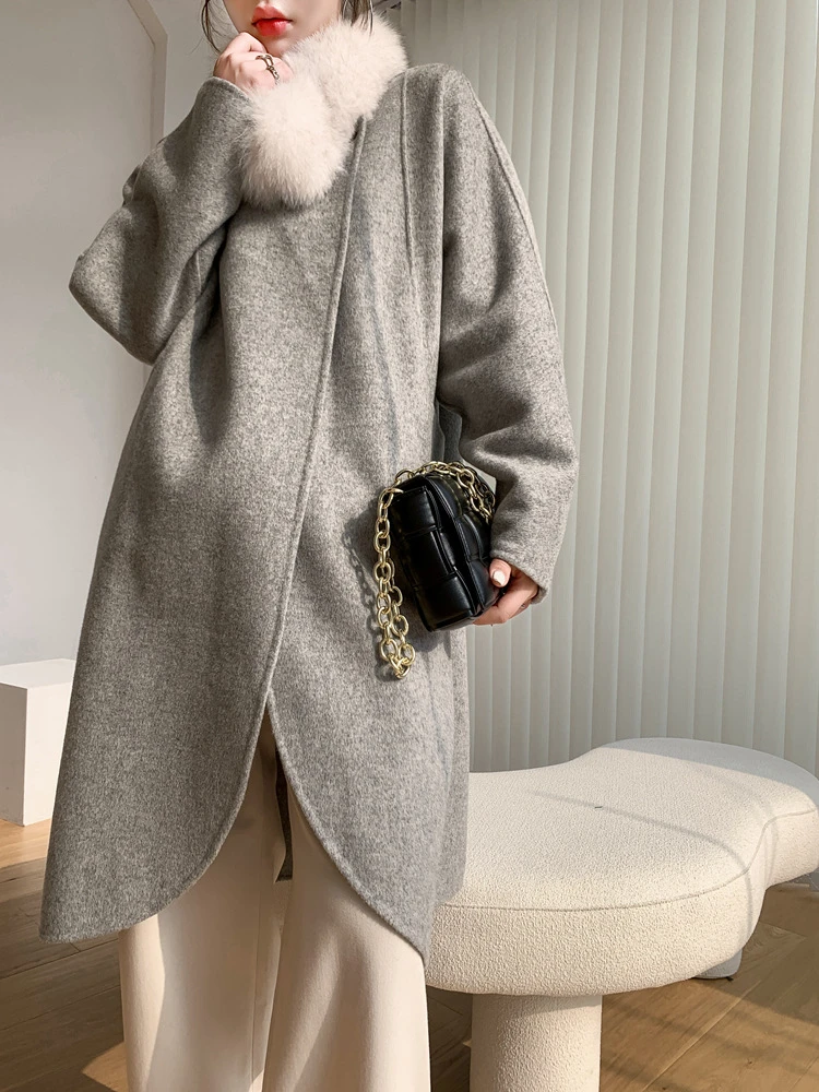 MENINA BONITA 2023 Long Winter Jacket Women Real Fur Coat Natural Fox Fur Collar Detachable Cashmere Wool Blends Cloak Outerwear