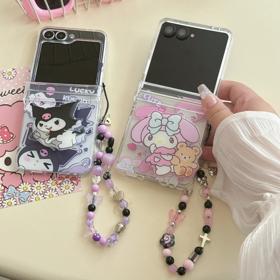 Cute Kuromi My Melody stand Phone Case with Portable Bracelet Bow Pendant for Samsung Z Flip 3 4 ZFlip5 Zflip6 ZFlip7 fe Cover