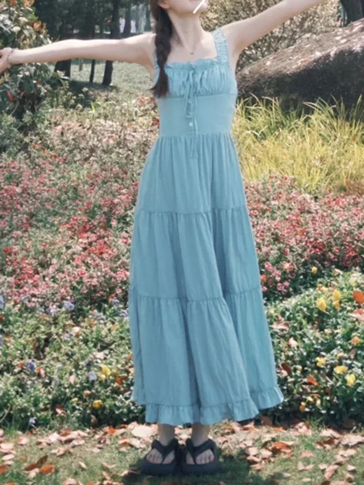 Французское милое женское платье, новое летнее однотонное тонкое простое женское платье, модные уличные платья без рукавов, женские шикарные платья