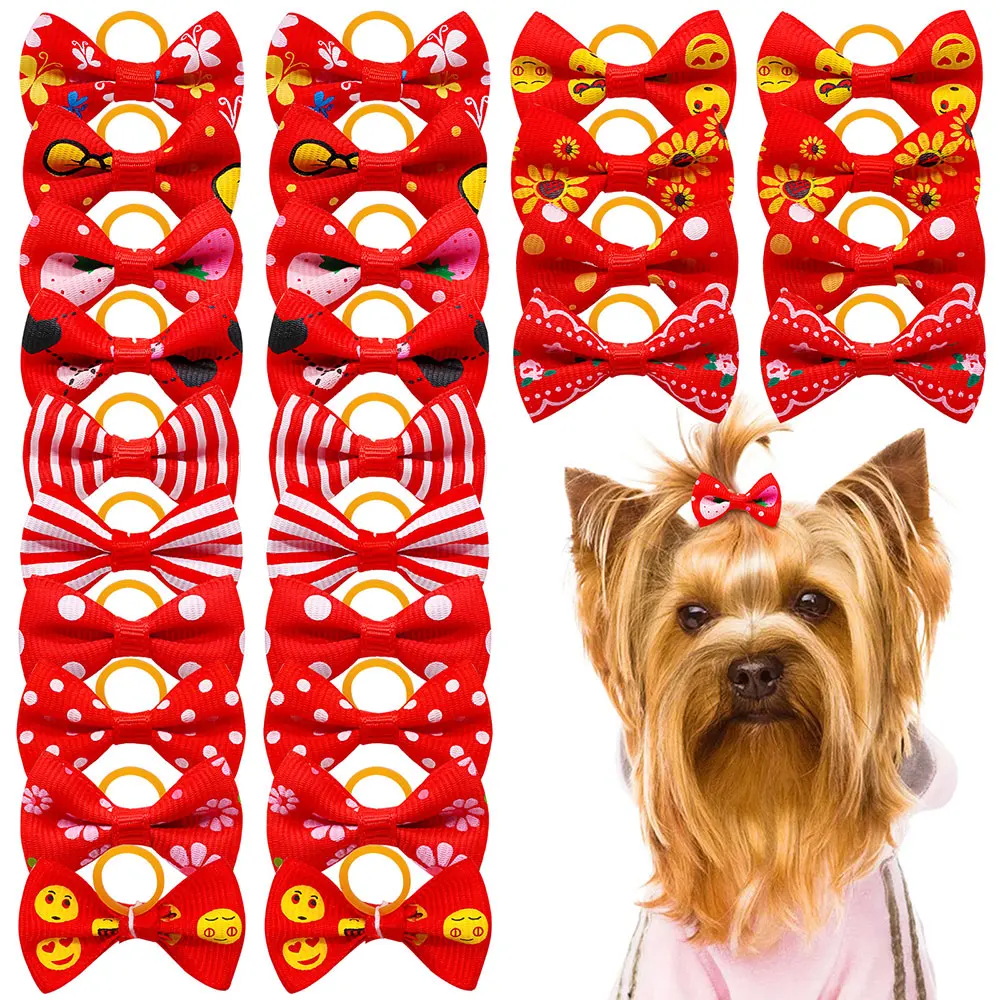 

Red Series Pet Daily Decorate Dog Hair Bows Doggy Bows with Rubber Bands Smile Face Pet Product Dog Hair Accessories Wholesale