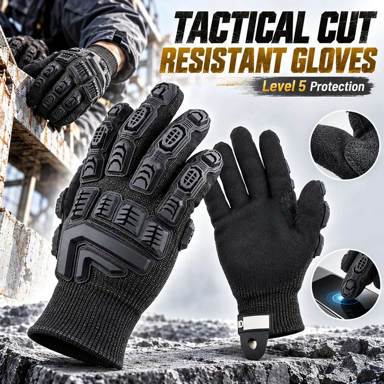 Level 5 Cut Resistant Gloves Wear Resistant TPR Patches Touchscreen Non-Slip Full Hand Protection for Outdoor Work Training Gear