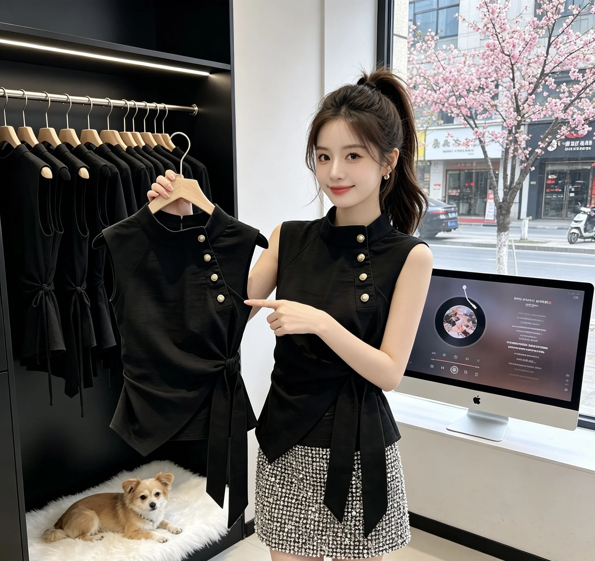 Black Belted Waist Slim Fit Sleeveless Top Women's Fashionable Summer 2026 Style Age-Defying Polyester Fiber Vest