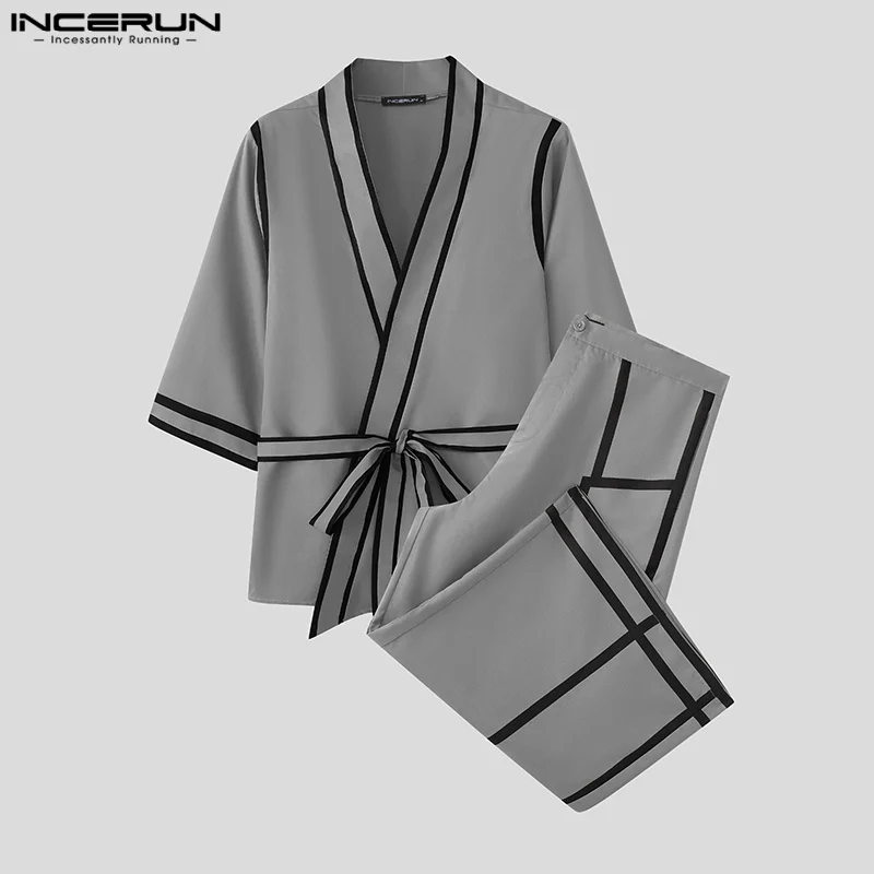 

INCERUN Men Sets Patchwork V Neck Lace Up Half Sleeve Shirt & Wide Leg Pants Two Pieces Sets Streetwear Casual Men's Suits S-5XL