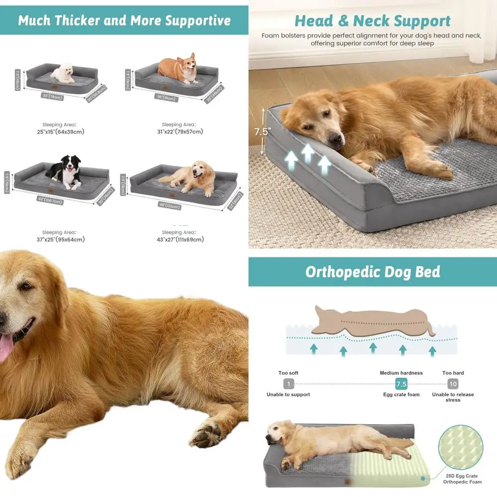 

Large Dog Orthopedic Bed, XXL Waterproof Couch with Bolster, Anti-Slip, Washable, L-Shaped, 48x32x7.5 Grey