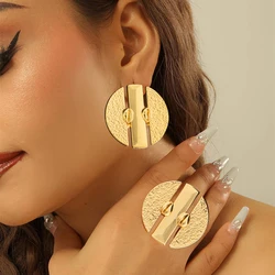 Brazilian Gold Color Earrings with Ring Jewelry Set for Party Hollow Out Design Big Earrings Finger Ring 2Pcs Set for Engagement