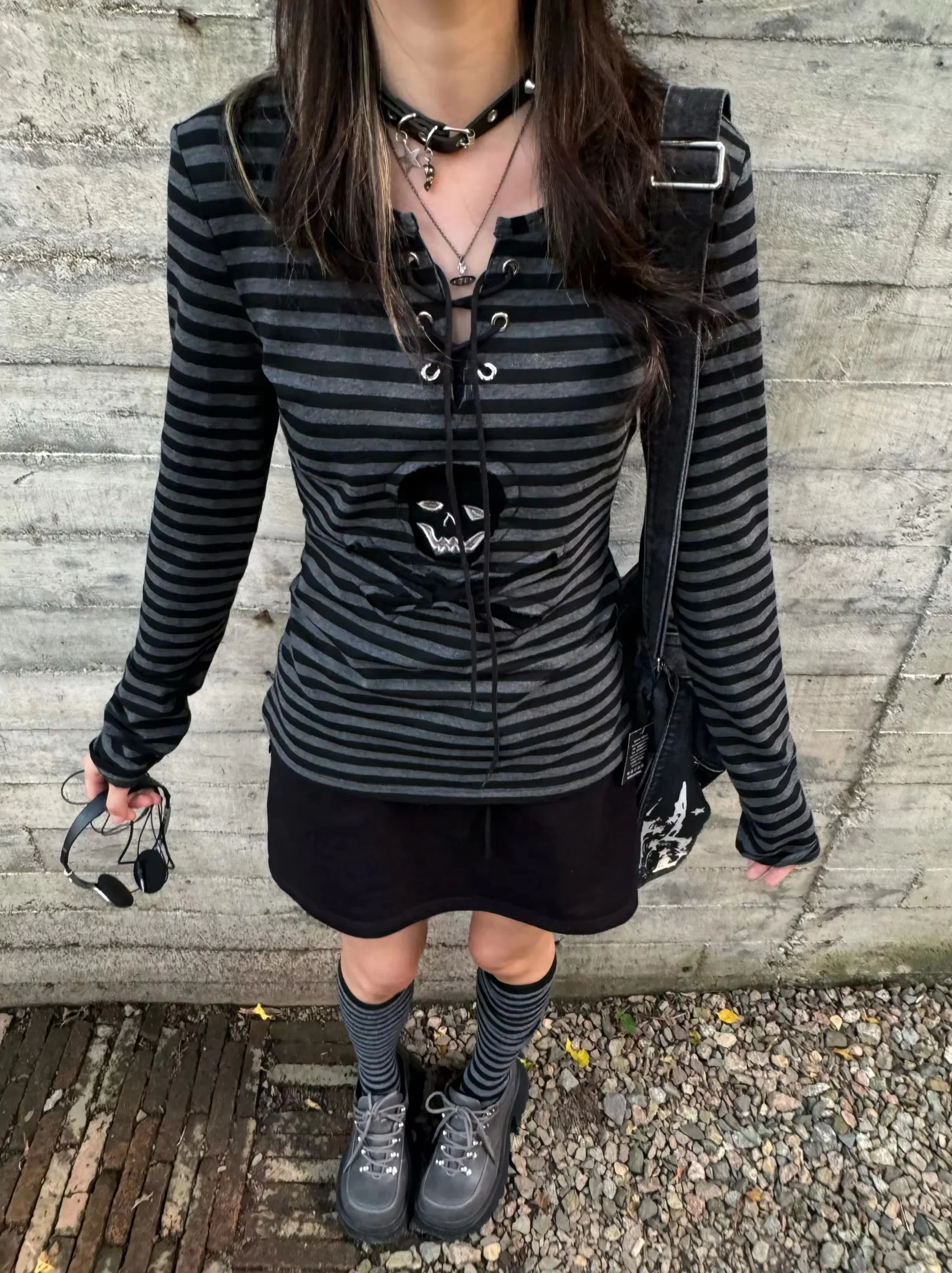 Women Gothic Punk Striped Long Sleeve Top V Neck Lace‑Up Skull Patch Slim Fit Emo Grunge Alt Streetwear Tee Shirt