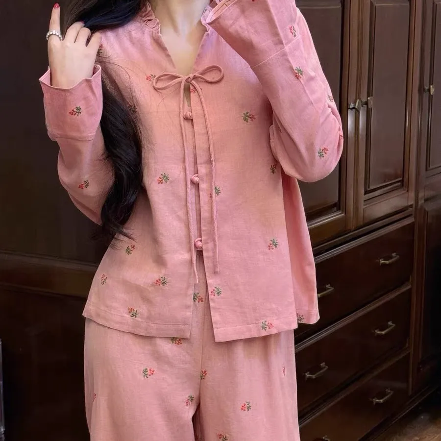 2Pcs New Chinese Sweet Floral Pajama Women's Spring and Autumn New Style Bow Long Sleeve Pants Set