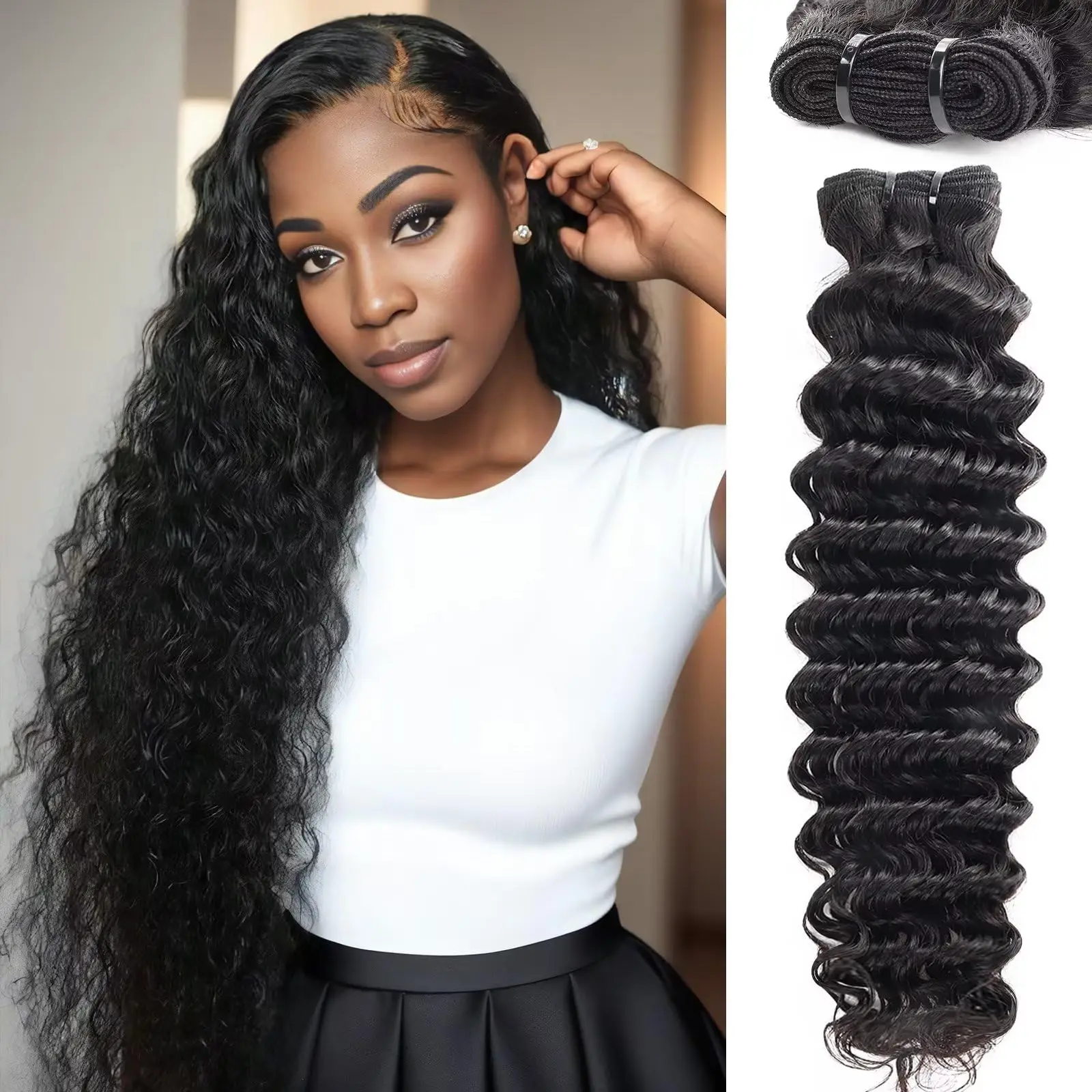 Mèches Deep Wave Brésiliennes Naturelles Remy, Cheveux Vierges, Bouclés, 100% Non Traités, 12A, 4 Lots