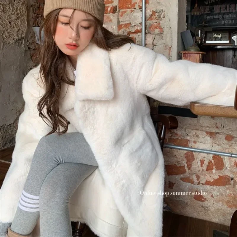 Winter Warm Faux Mink Fur Long Coats Women Korean Thicken Cotton Padded Lined Jackets Single Breasted Loose Outerwear Chaquetas