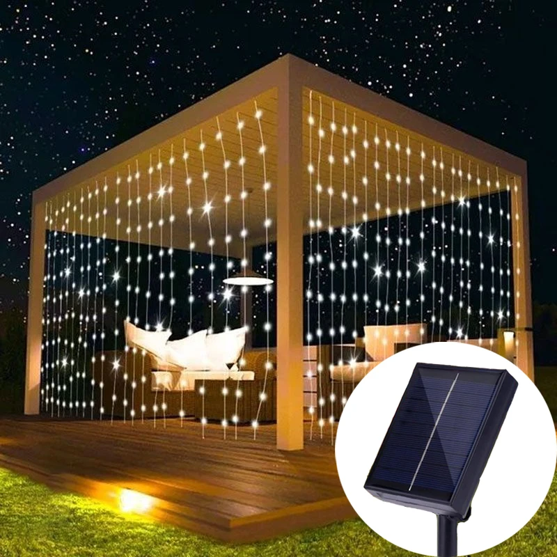 

1pc Solar Curtain String Lights 8 Lighting Modes for 2024 Xmas Outdoor Decor,Christmas,Wedding,Party,Garden,Porch,Backyard,Patio