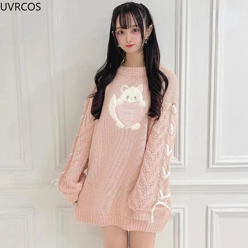 Japanese Sytle Kawaii Lolita Knitted Pullover Women Cute Cartoon Bear Embroidery Bow Bandage Sweater Female Sweet Chic Bunny Top