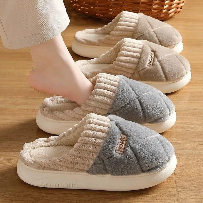 Bequeme Plüsch-Hausschuhe für Damen mit Dicker Sohle, Unisex Winter Fleece-Gefütterte Rutschfeste Warme Schuhe, Paar-Hausschuhe in Übergrößen – Detail 3