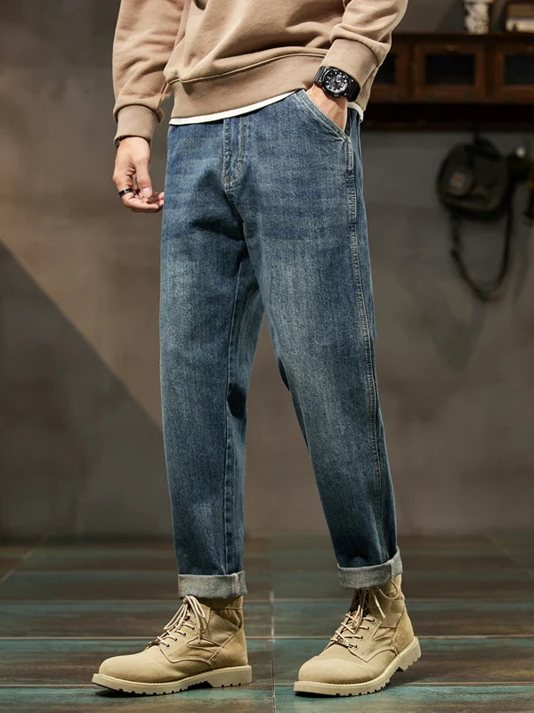 Loose Harajuku Style Men's Jeans Casual Classic Straight Leg Cotton Trousers Autumn Winter Fashion Simple Design Youthful