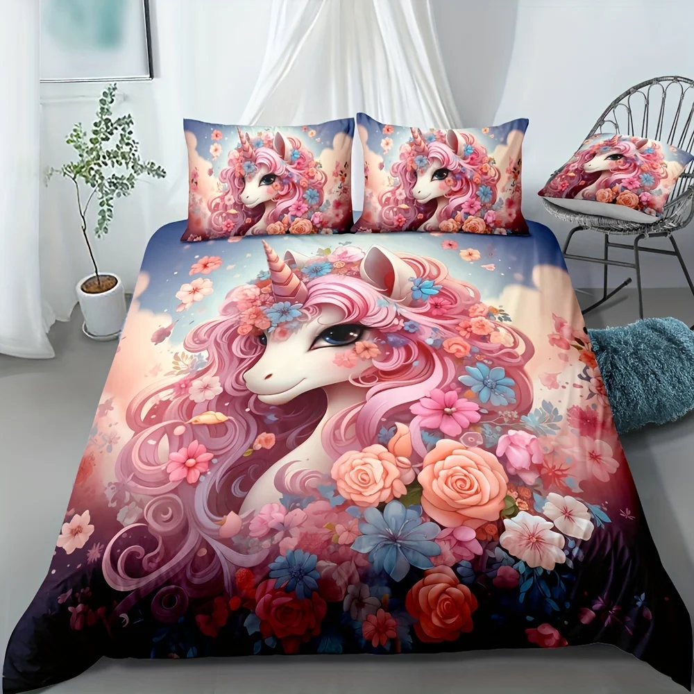 Pink Floral Unicorn Print All Season Bedding Set Soft Comfortable And Breathable Duvet Cover For Bedroom Guest Room And Dorm