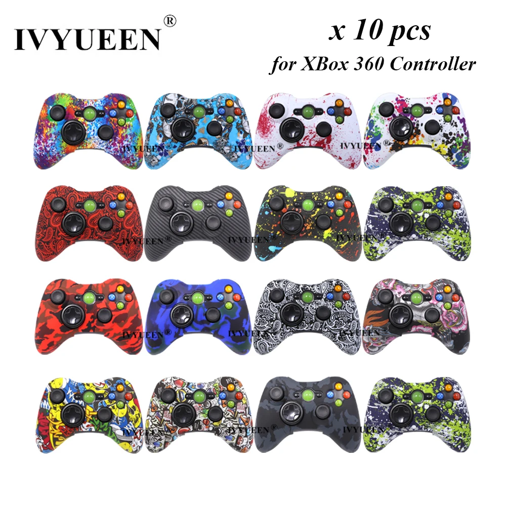 Ivyueen 10 pçs silicone pele protetora para microsoft xbox 360 caso controlador de impressão capa gel caps acessórios polegar apertos