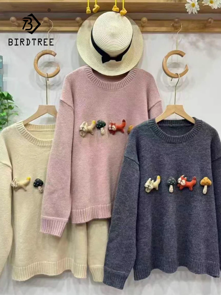 

New 2025 Winter Cotton Blending Sweater, Women O Neck 3D Fox Mushroom, Mori Girl Sweet Chic Loose Knit Pullover Sweater T5D349CC